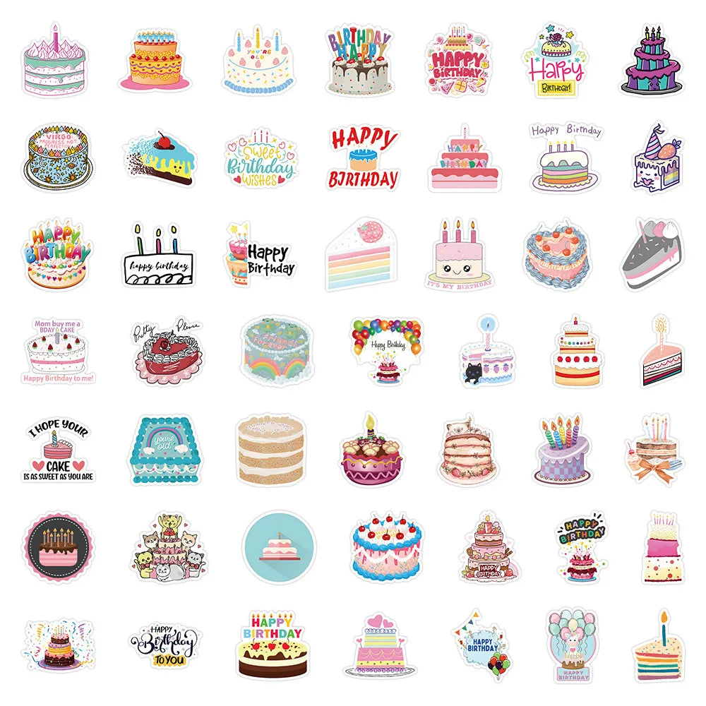 50pcs Cartoon Birthday Cake Stickers Waterproof for Laptop, Phone, Helmet, Luggage, Car, Notebook, Kids DIY Decor