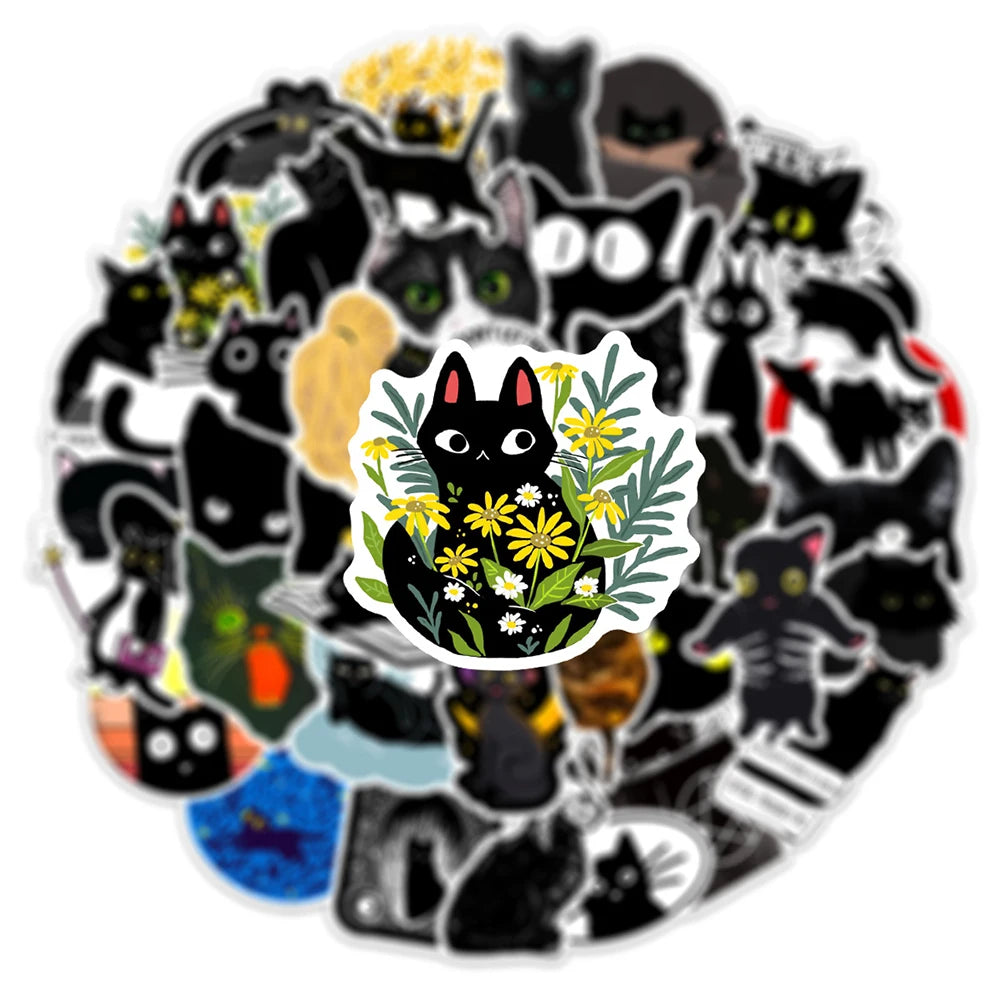 10/30/50/100PCS Cartoon Black Cat Stickers Scrapbook Phone Guitar Laptop Luggage PVC Waterproof Car Sticker Children Classic Toy