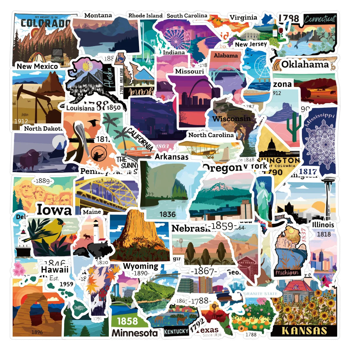 US Map Cartoon Graffiti Stickers Waterproof Decals for Scrapbook, Skateboard, Suitcase, Motorcycle, Water Bottle (10/30/50pcs)