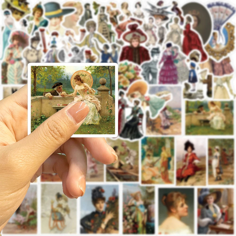 52Pcs Cartoon Retro Victorian Art Series Stickers PVC Waterproof Sticker Decals For Scrapbook Laptop Bottle Toys Gift