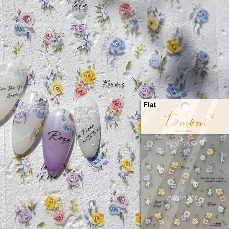 3D Rose Flower Nail Art Stickers - Watercolor Style Decals