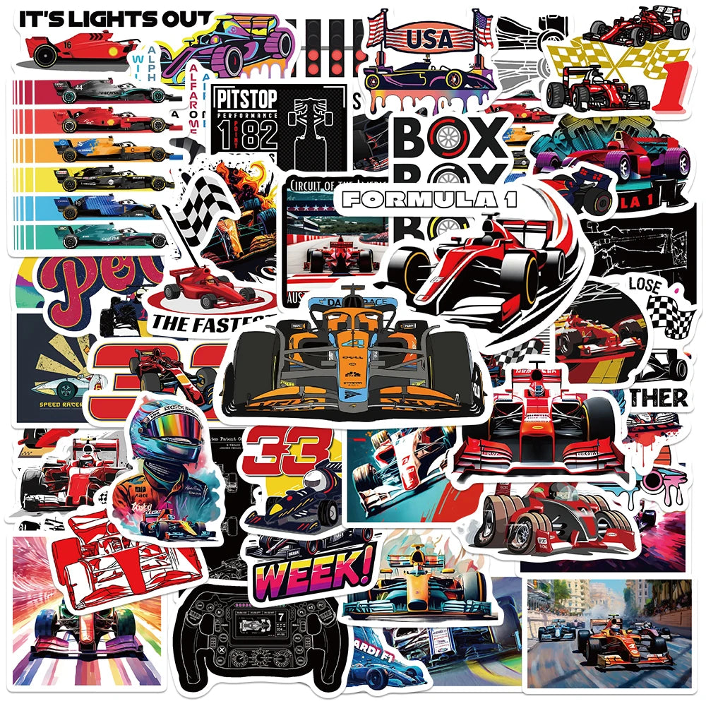 50pcs F1 Racing Stickers for Car, Motorcycle, Laptop, Bike, Suitcase, Water Bottle