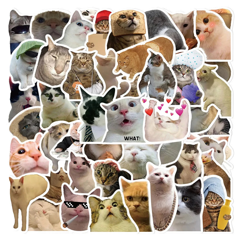 10/30/50PCS Cat Cartoon Stickers Funny Meme Kids Toy DIY Waterproof Luggage Laptop Suitcase Water Bike Bottle Decals Decoration