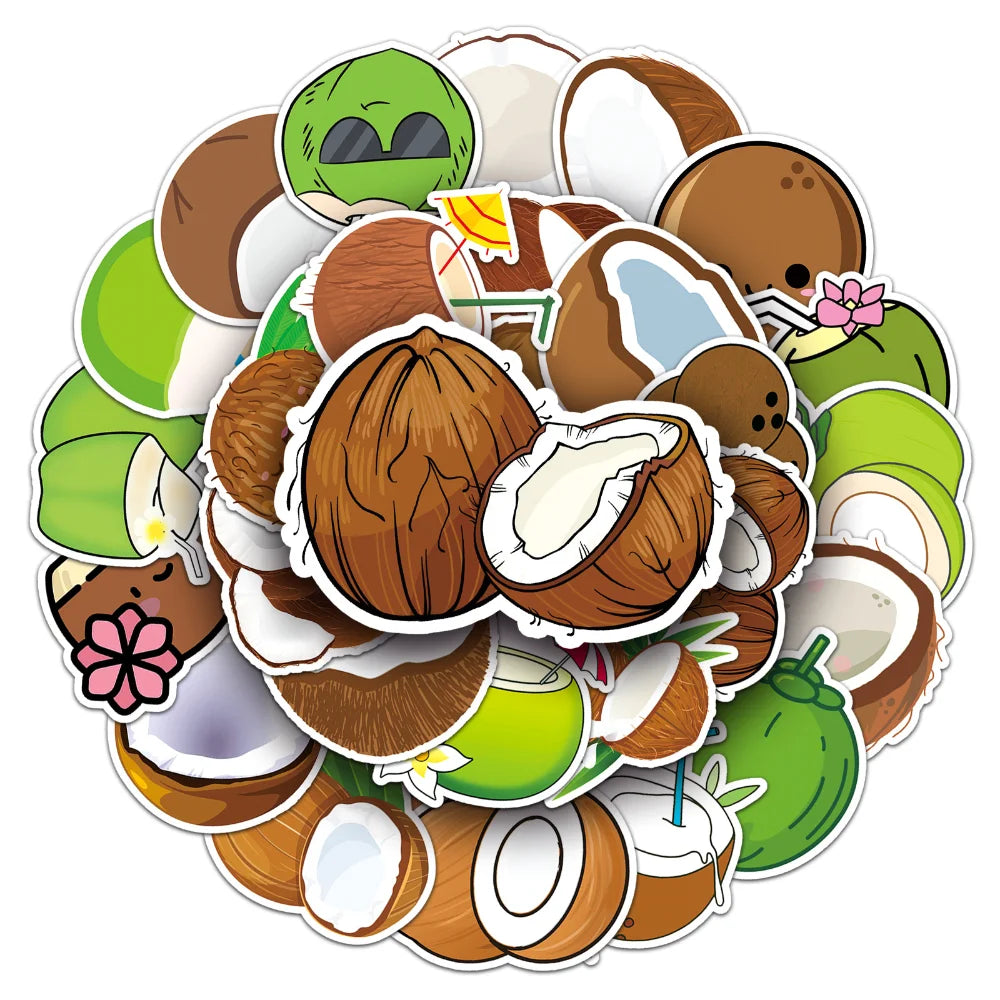 50PCS Summer Fruit Coconut Stickers for Phone Suitcase Scrapbook Scrapbooking Material Hawaii Sticker DIY Sticker