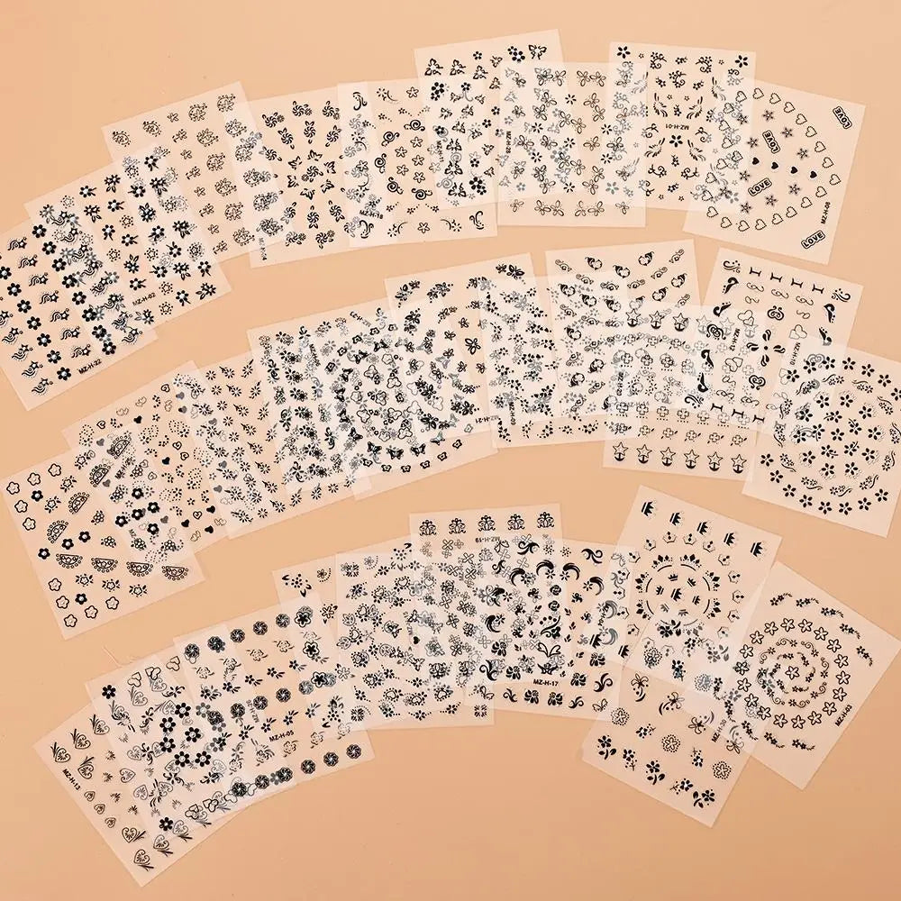 30pcs 3D Black Floral Diamond Nail Stickers Set