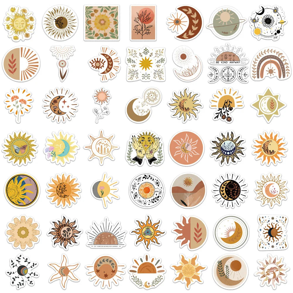 10/30/50PCS Sun Moon Bohemian Aesthetic Stickers For Kids PVC Waterproof Skateboard Laptop Fridge Suitcase Bike Car Decals Gift