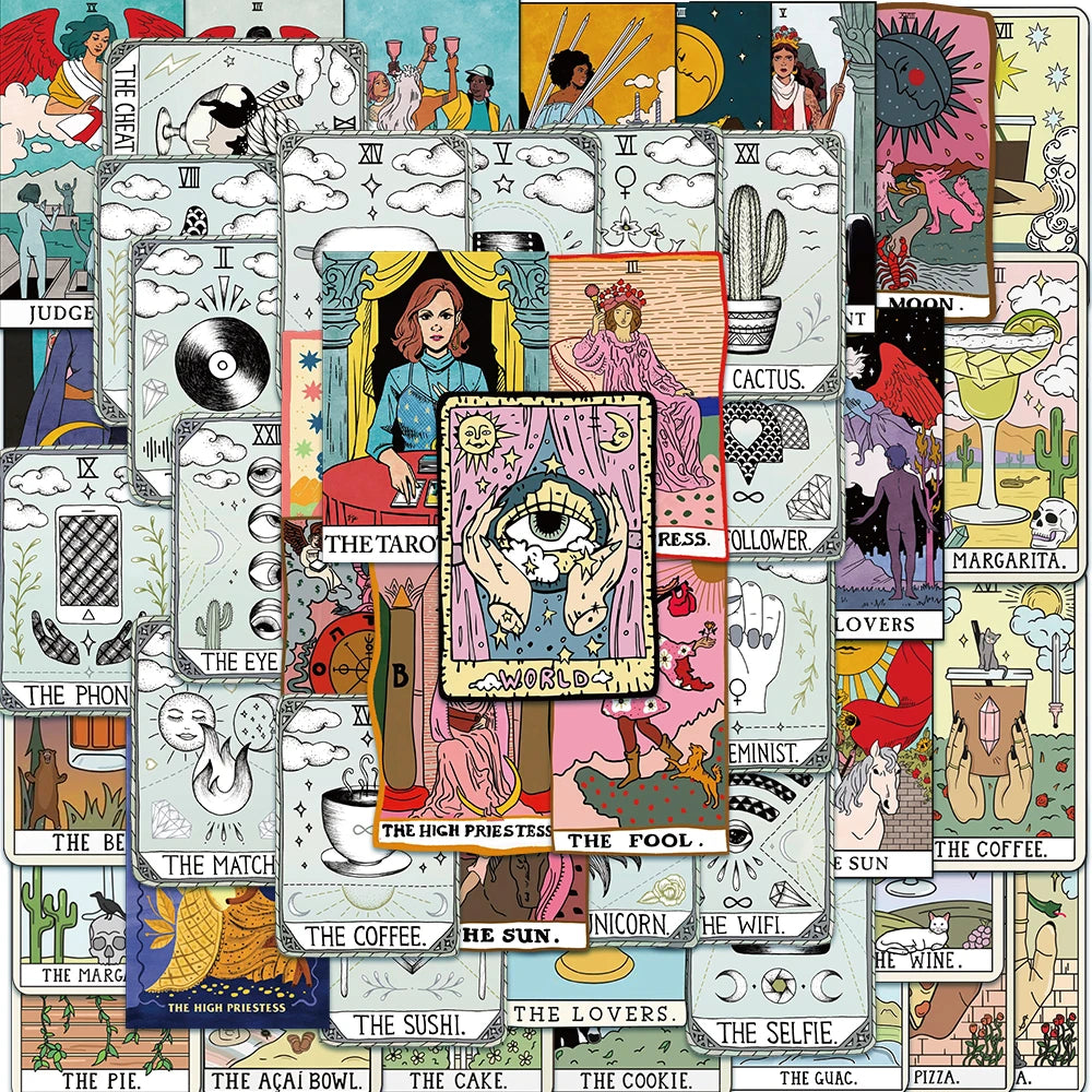 50pcs Cartoon Tarot Card Stickers for Laptop, Phone, Skateboard, Car, Graffiti Decals