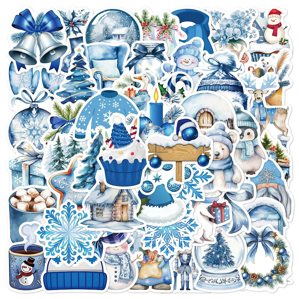Blue Winter Christmas Cartoon Stickers - Waterproof DIY Decals for Notebook, Phone, Fridge, Suitcase, Bike, Wall (10/30/50pcs)