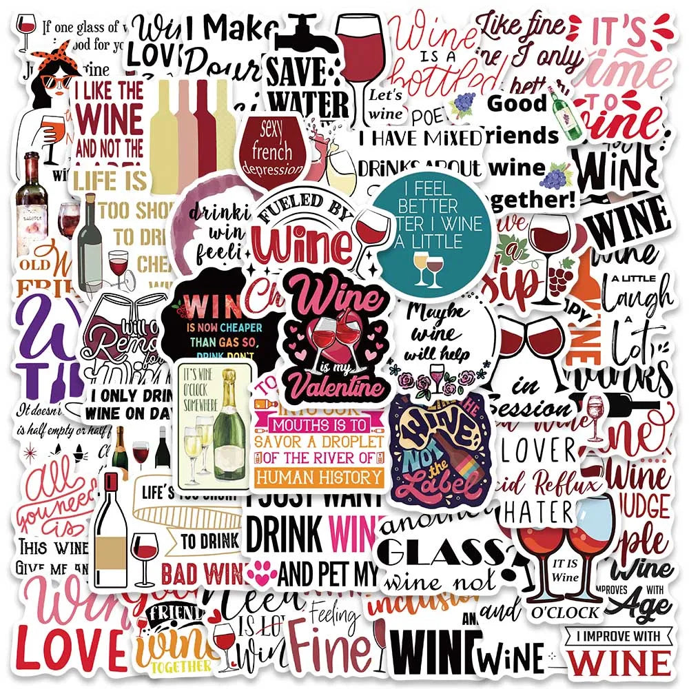 50PCS Wine Quotes Stickers Aesthetic Decals for Laptop Helmet Luggage Bottle DIY
