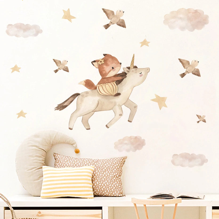 Boho Cartoon Fox Bird Stars Wall Stickers for Kids Nursery Room Decor