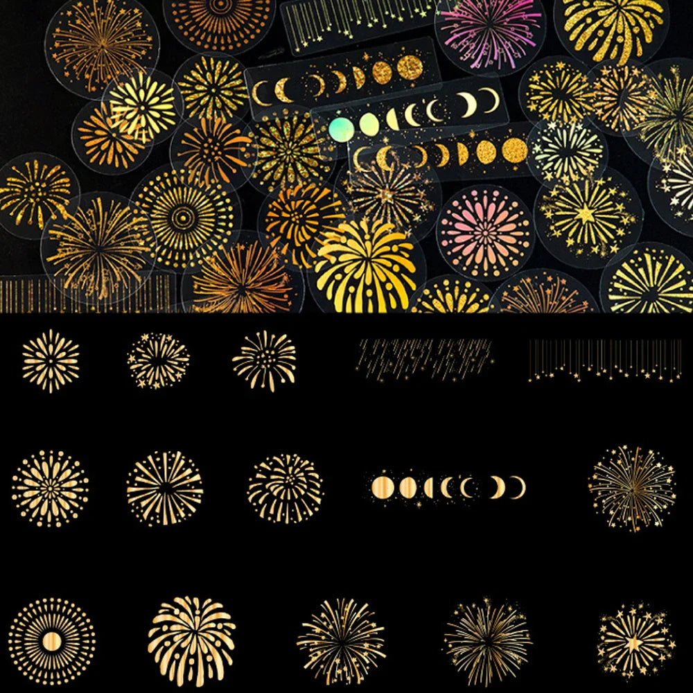 45PCS Holographic Gold Cartoon Stickers Butterfly Astrology Fireworks Guitar Car Decals