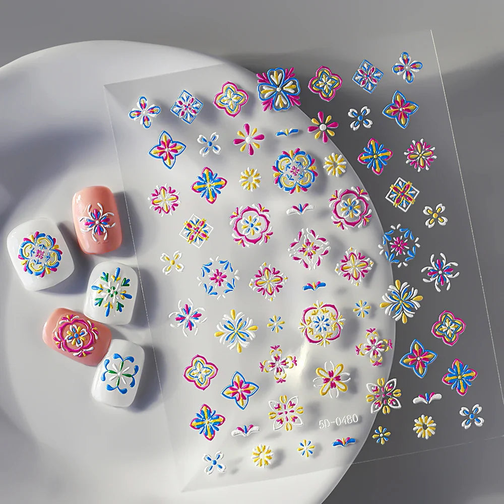Boho 5D Floral Nail Stickers: Blue Yellow Abstract Decals