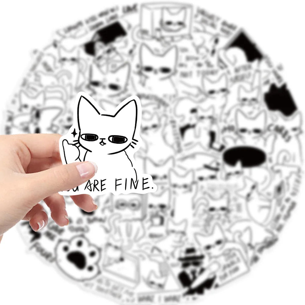 Kawaii Cat Stickers Black White Cartoon Decals for Luggage Laptop Phone Guitar Car Bike Skateboard