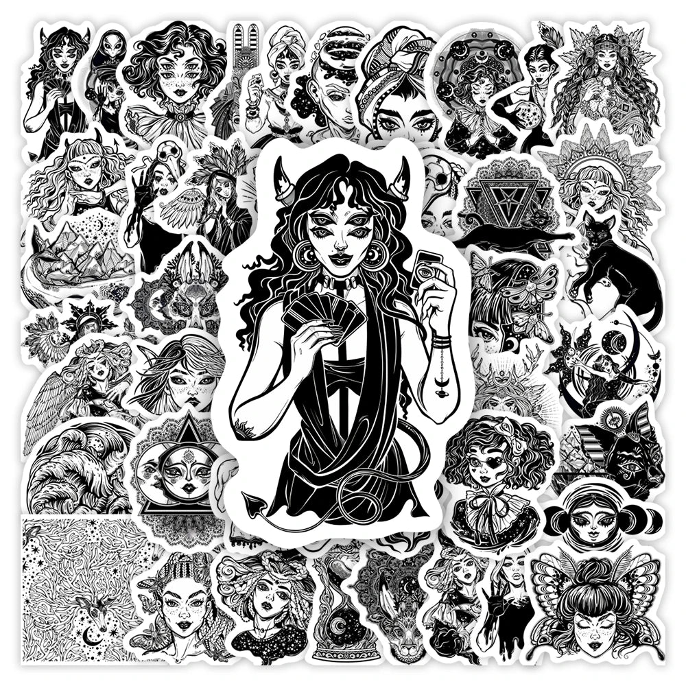 Fantasy Gothic Witch Stickers Black White DIY Toys Gift Decorative Decal for Laptop Phone Scrapbook Diary Luggage Waterproof