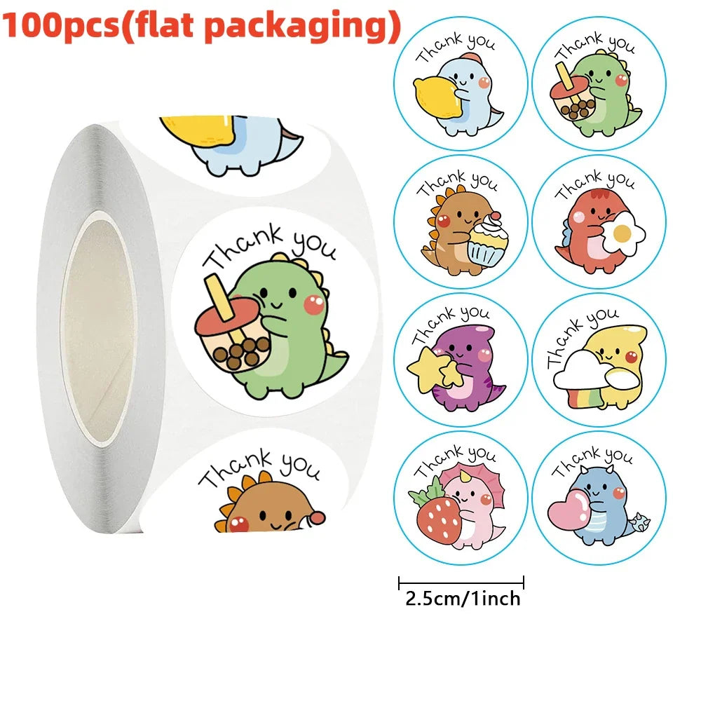 1 Inch Dinosaur Thank You Stickers - 50/100/500pcs Labels for Packaging, Gifts, Baking, Decor