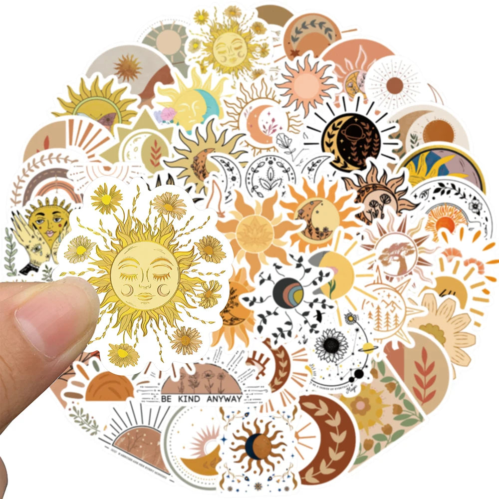 10/30/50PCS Sun Moon Bohemian Aesthetic Stickers For Kids PVC Waterproof Skateboard Laptop Fridge Suitcase Bike Car Decals Gift