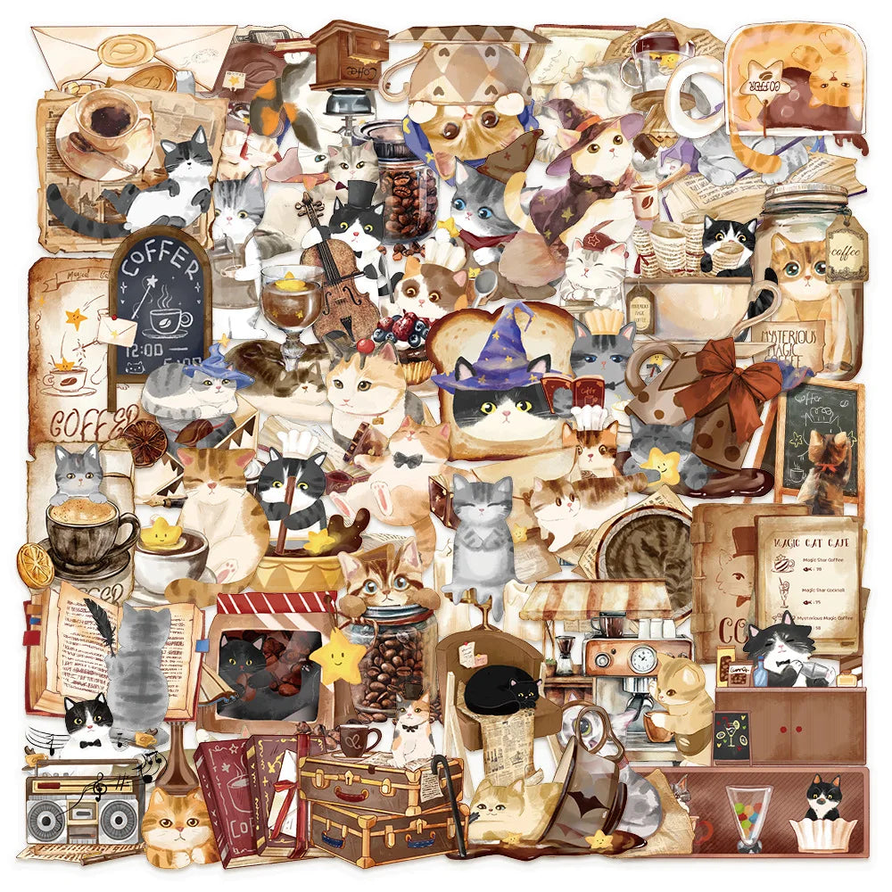 Brown Magic Cat Cafe Stickers PVC Waterproof Skateboard Notebook Graffiti 10/30/50PCS