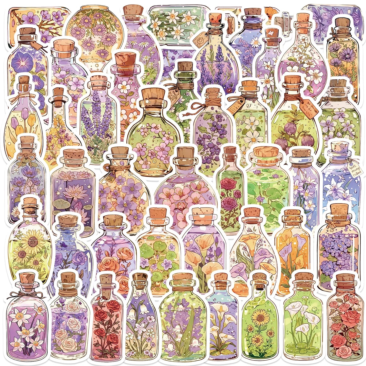 50PCS Flower Glass Bottle Stickers DIY Skateboard Laptop Luggage Bike Motorcycle Phone Car Decals