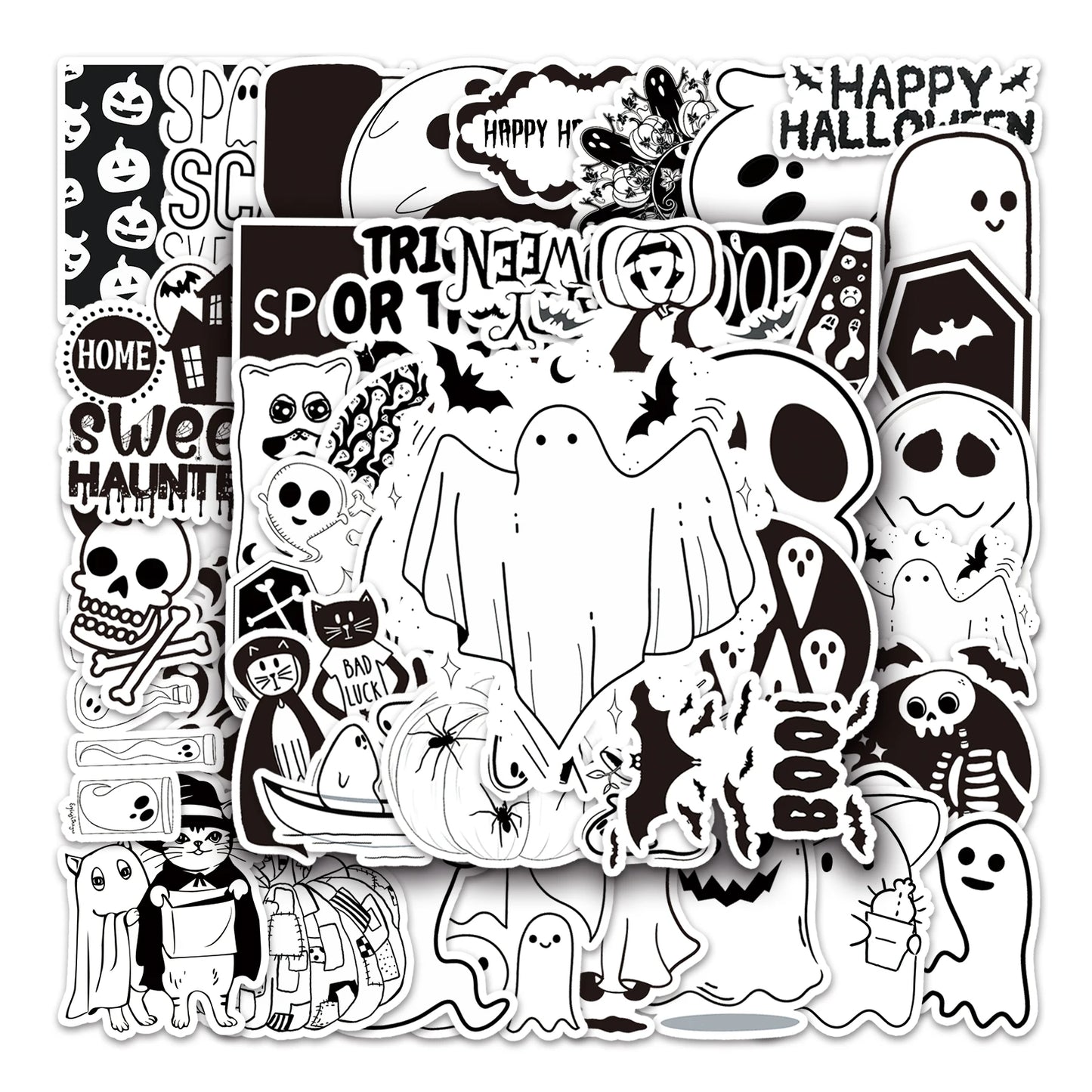 50Pcs Halloween Black White Cartoon Waterproof Vinyl Stickers for Skateboard Snowboard