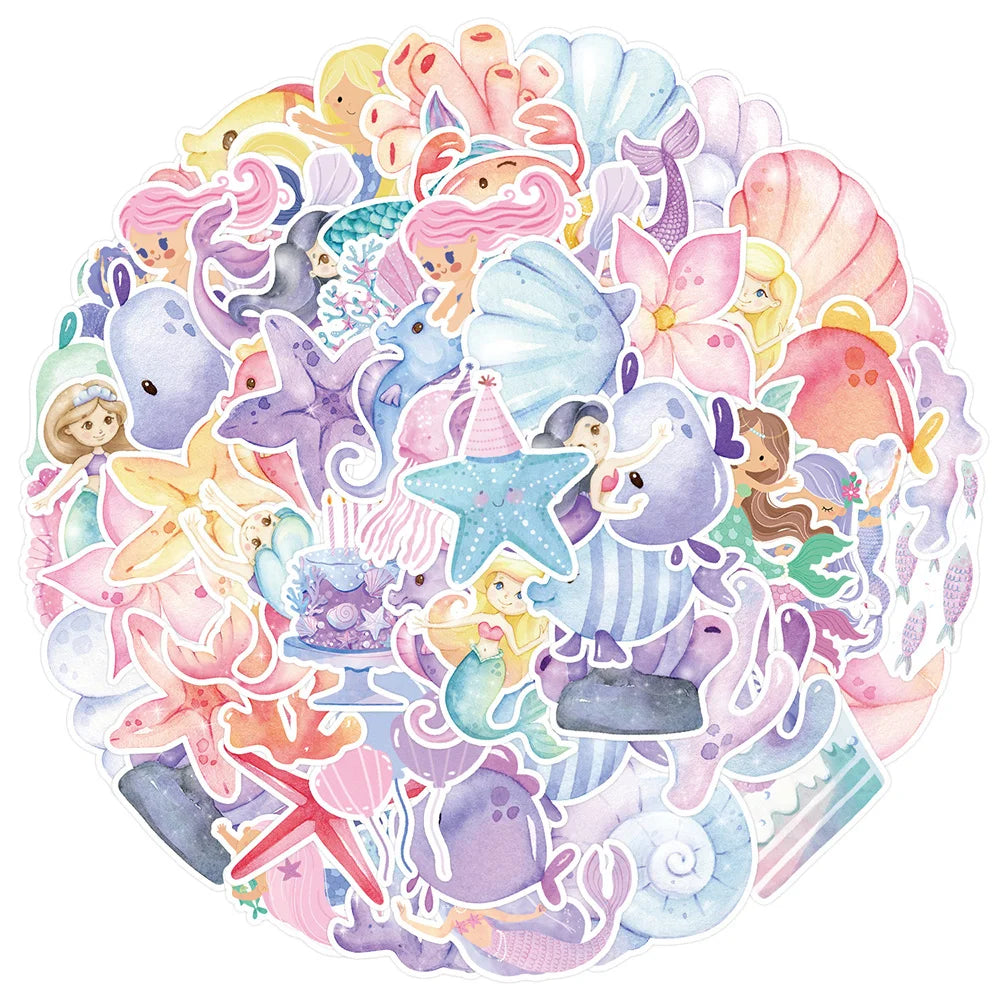 Watercolor Mermaid Stickers 10/30/50PCS for Phone Laptop Luggage Skateboard Kids