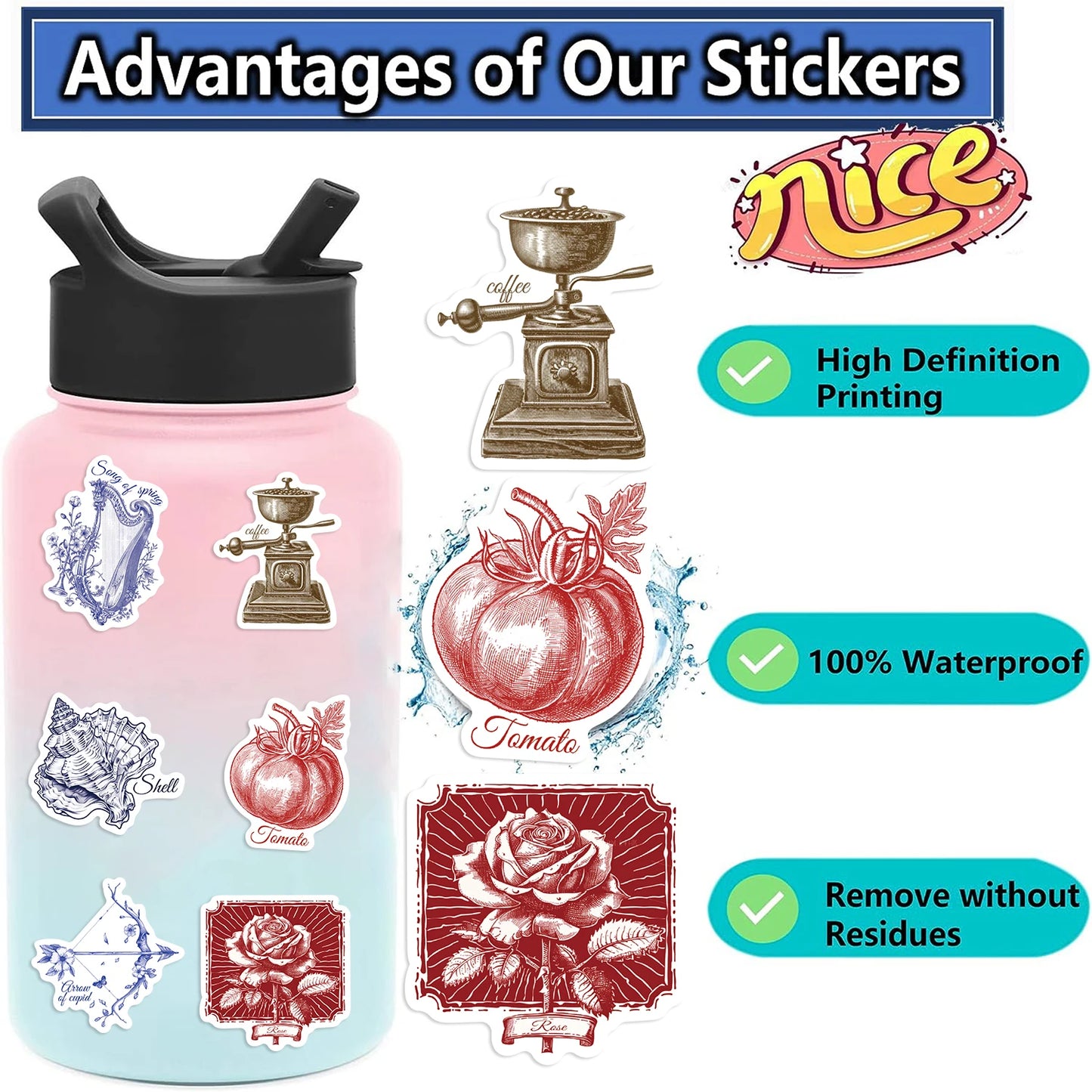 50PCS Cartoon Retro Logo Stickers Creative Helmet Sticker Toy Skateboard Guitar Mobile Phone Refrigerator Decoration Decals