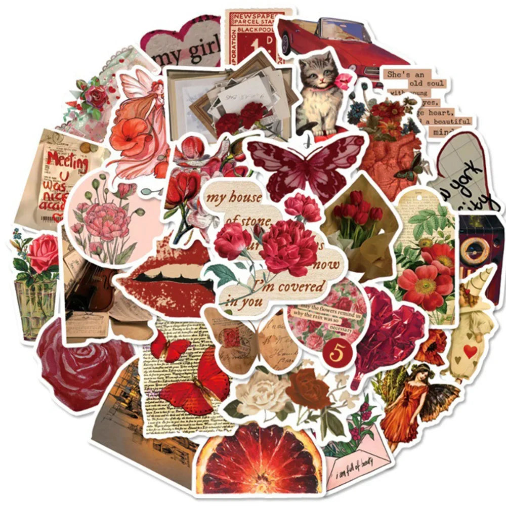 Vintage Red Cartoon Stickers Pack - Waterproof Decals for Skateboard, Fridge, Laptop, Phone