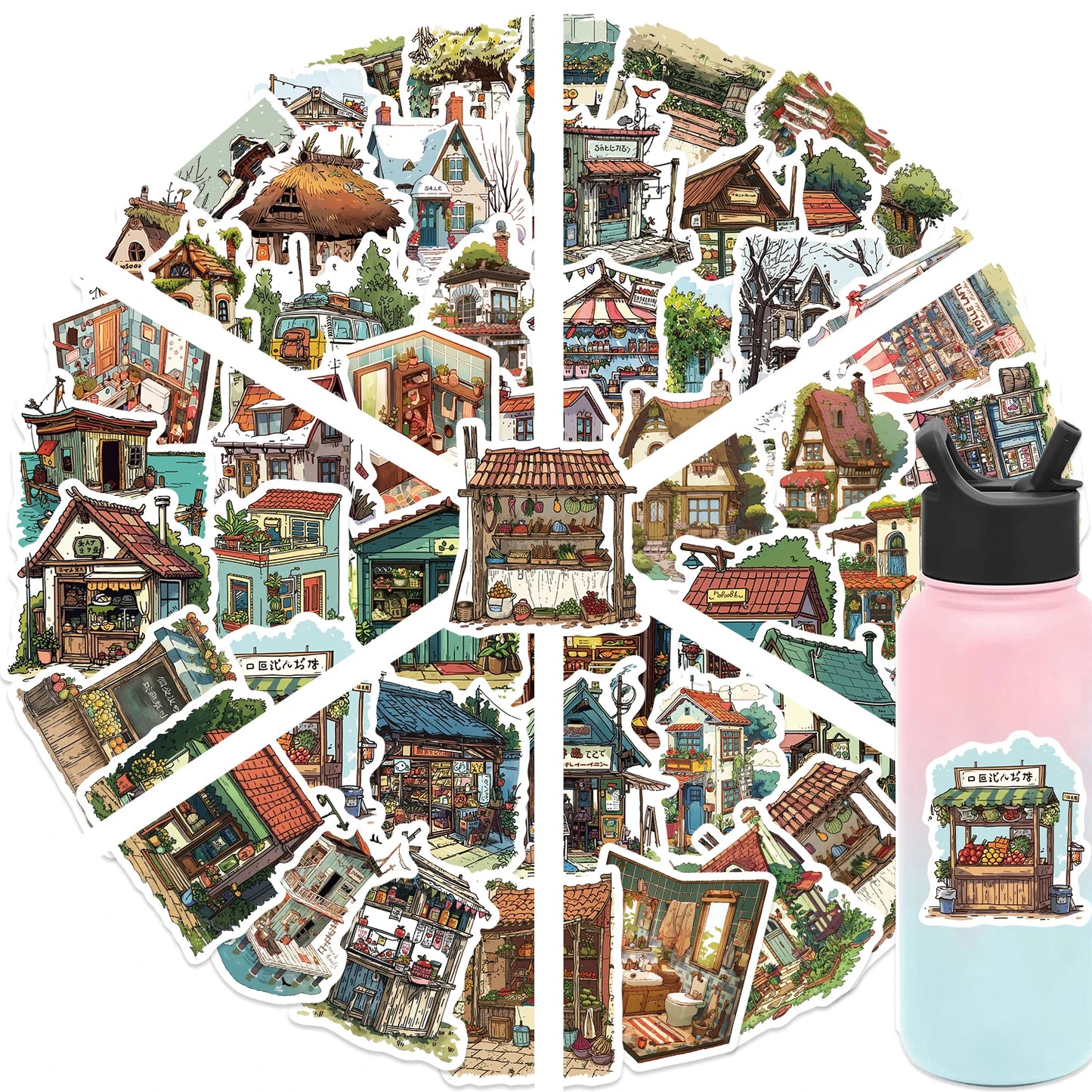 50pcs Vintage Retro Small House Stickers For Scrapbook Phone Laptop Guitar Stationery DIY Waterproof Sticker Decals Kids Toy
