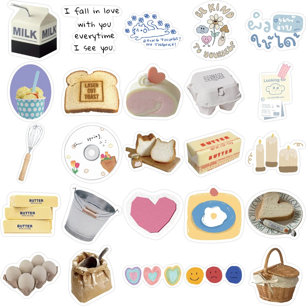 10/63pcs INS Wind Butter Bread Stickers Decals Cartoon Graffiti DIY Notebook Luggage Wall Decoration PVC Sticker