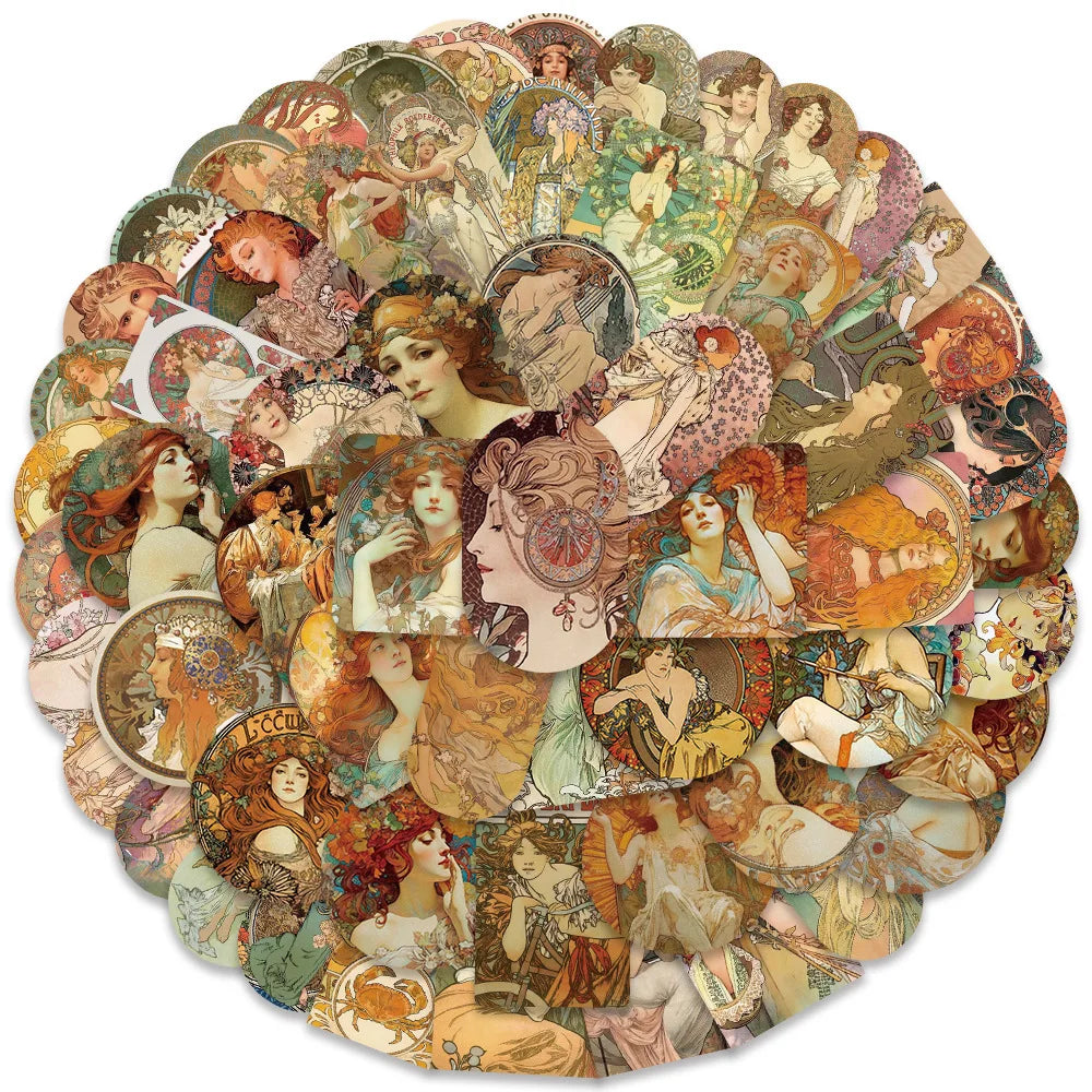 Alphonse Mucha Art Stickers 10/30/60pcs Waterproof DIY Decals for Phone, Scrapbook, Bike