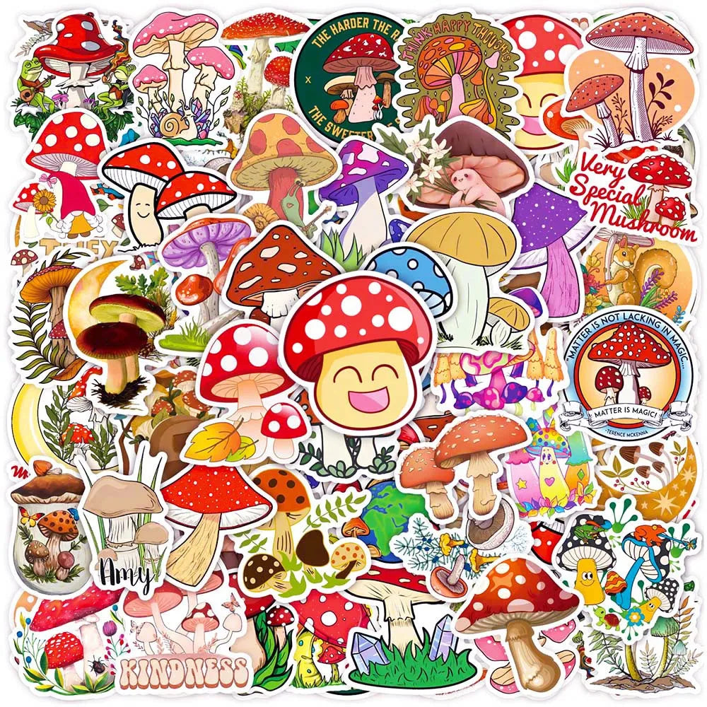50pcs Retro Mushroom Graffiti Stickers for Helmet, Wall, DIY Decoration with Storage Box