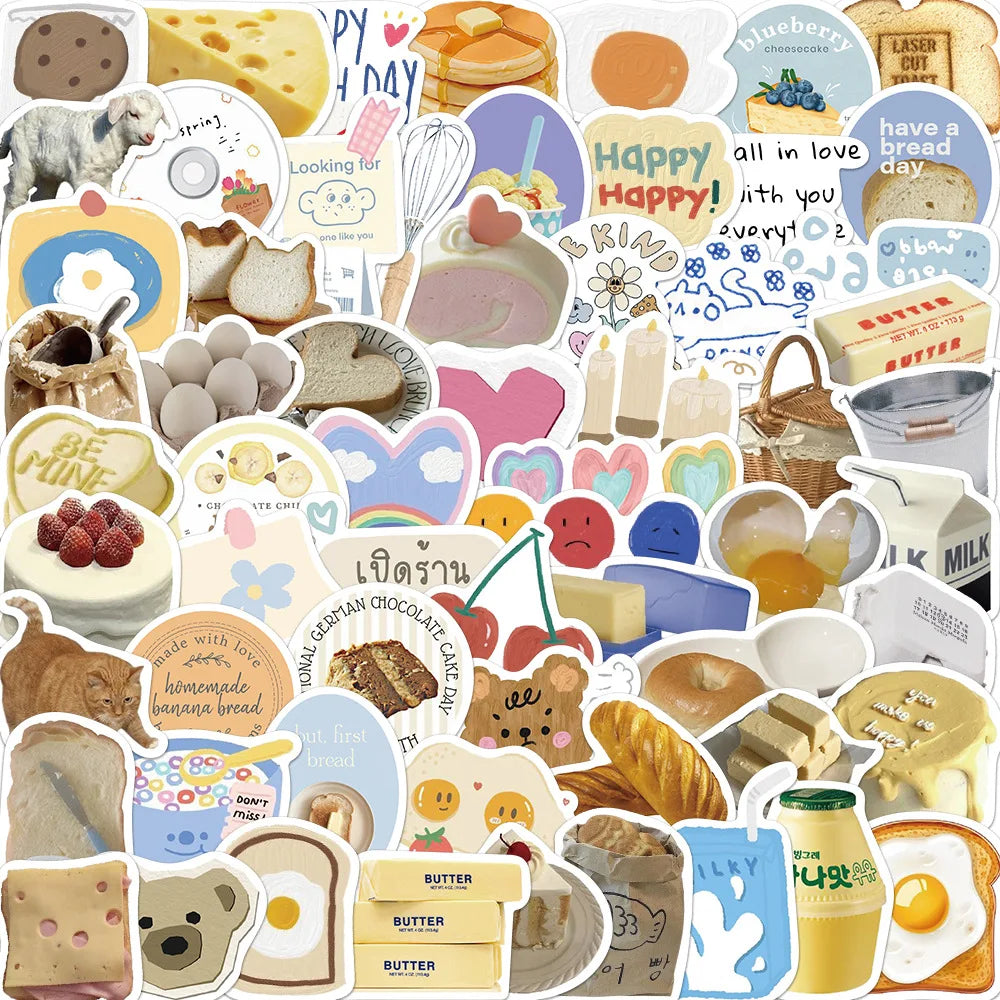 Cute Cartoon Food Stickers Kawaii Decals for Notebook, Fridge, Phone, Suitcase - Waterproof Kids Toy (10/30/63pcs)