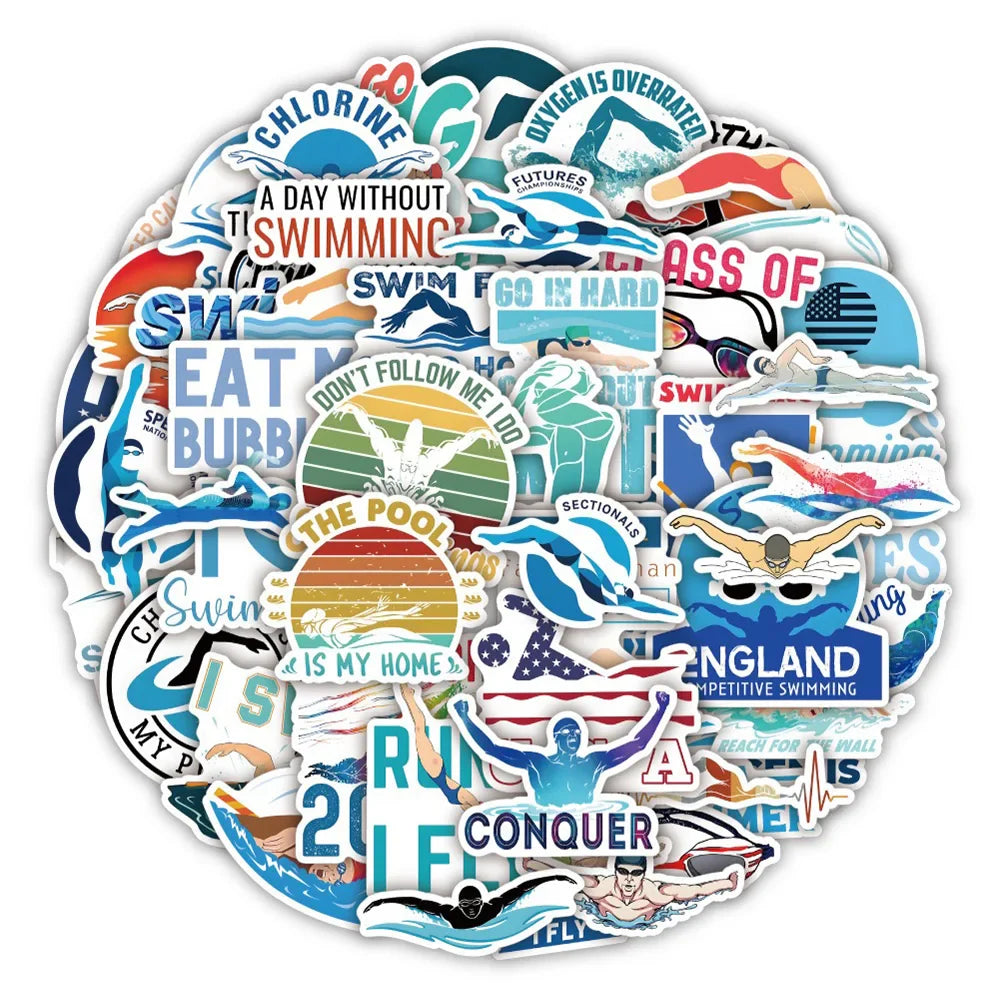 Sports Swimming Stickers for Phone Laptop Luggage Skateboard - Fun Kids Gift (10/30/52PCS)