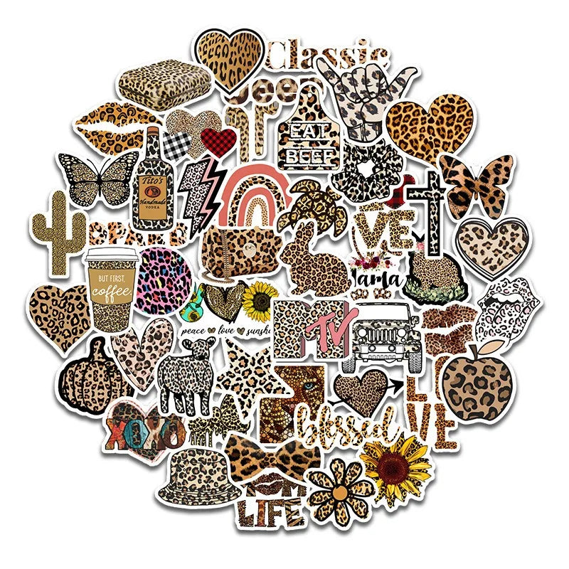 50pcs Leopard Print Cartoon Stickers for Laptop, Phone, Scooter, Suitcase, Stationery, Refrigerator