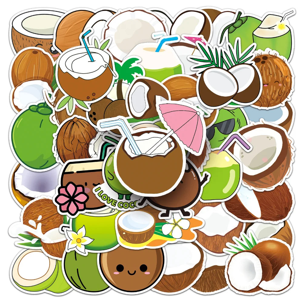 50PCS Summer Fruit Coconut Stickers for Phone Suitcase Scrapbook Scrapbooking Material Hawaii Sticker DIY Sticker