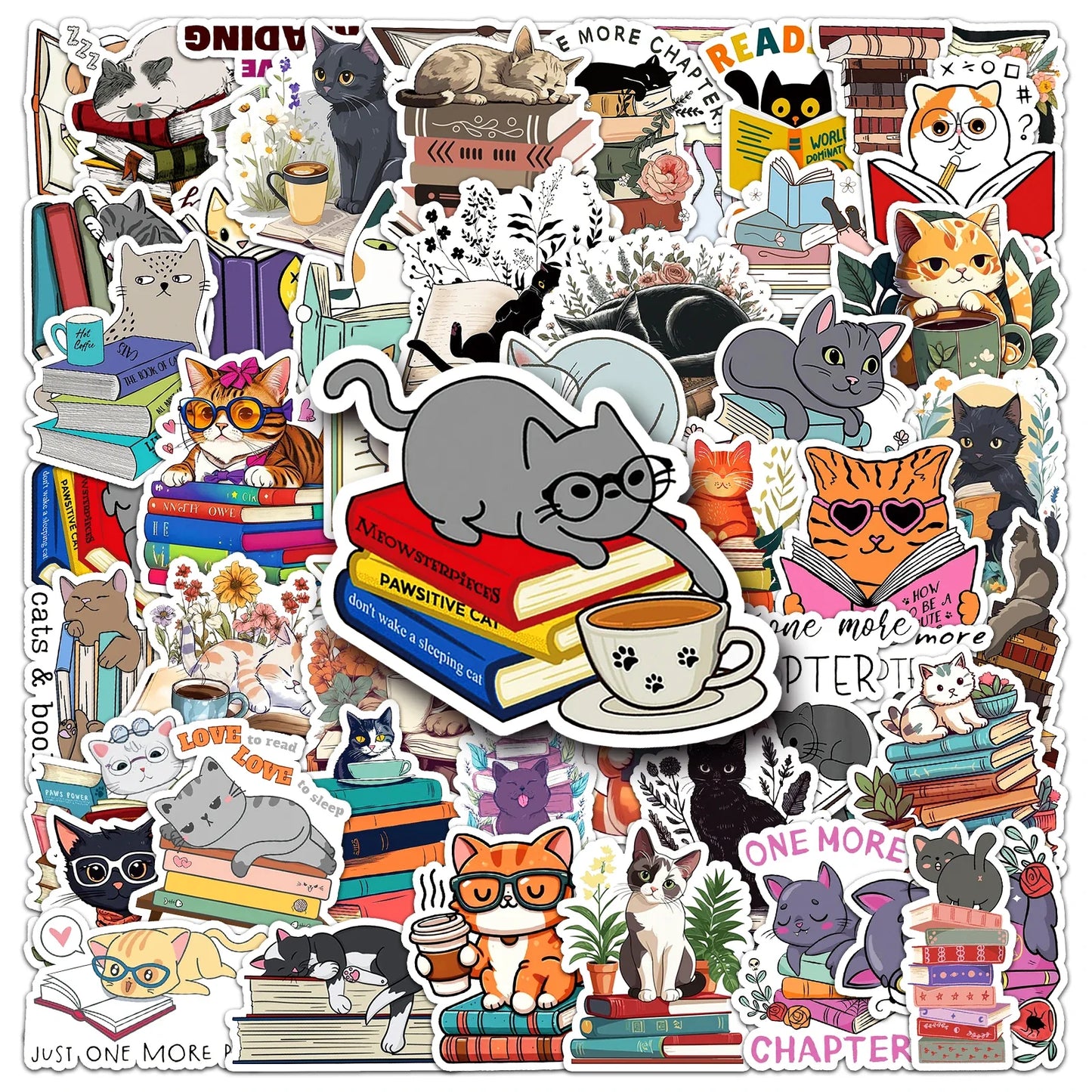 50Pcs Cat Reading Cartoon Waterproof Vinyl Stickers for Skateboard Snowboard