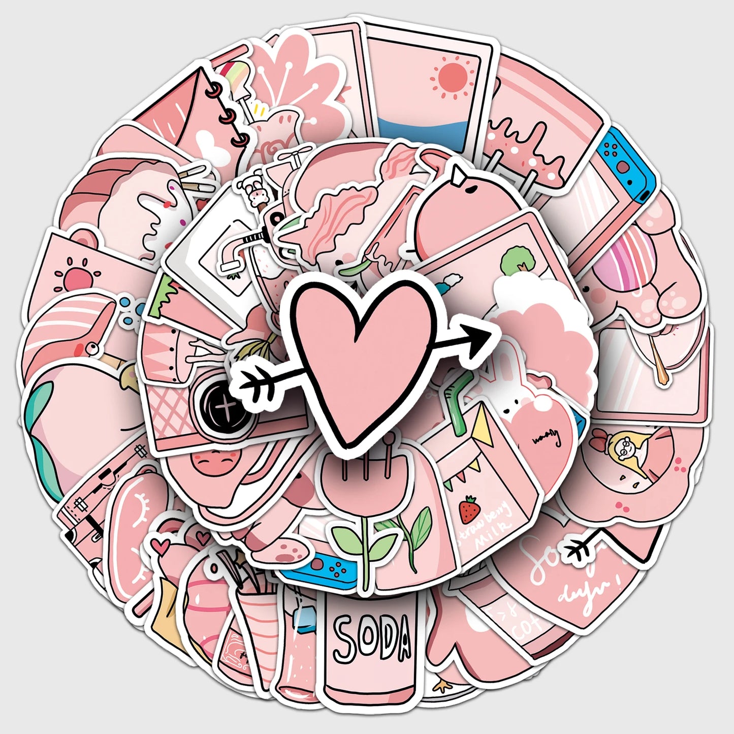50Pcs Cute Pink Cartoon Waterproof Vinyl Stickers for Skateboard Snowboard Decal