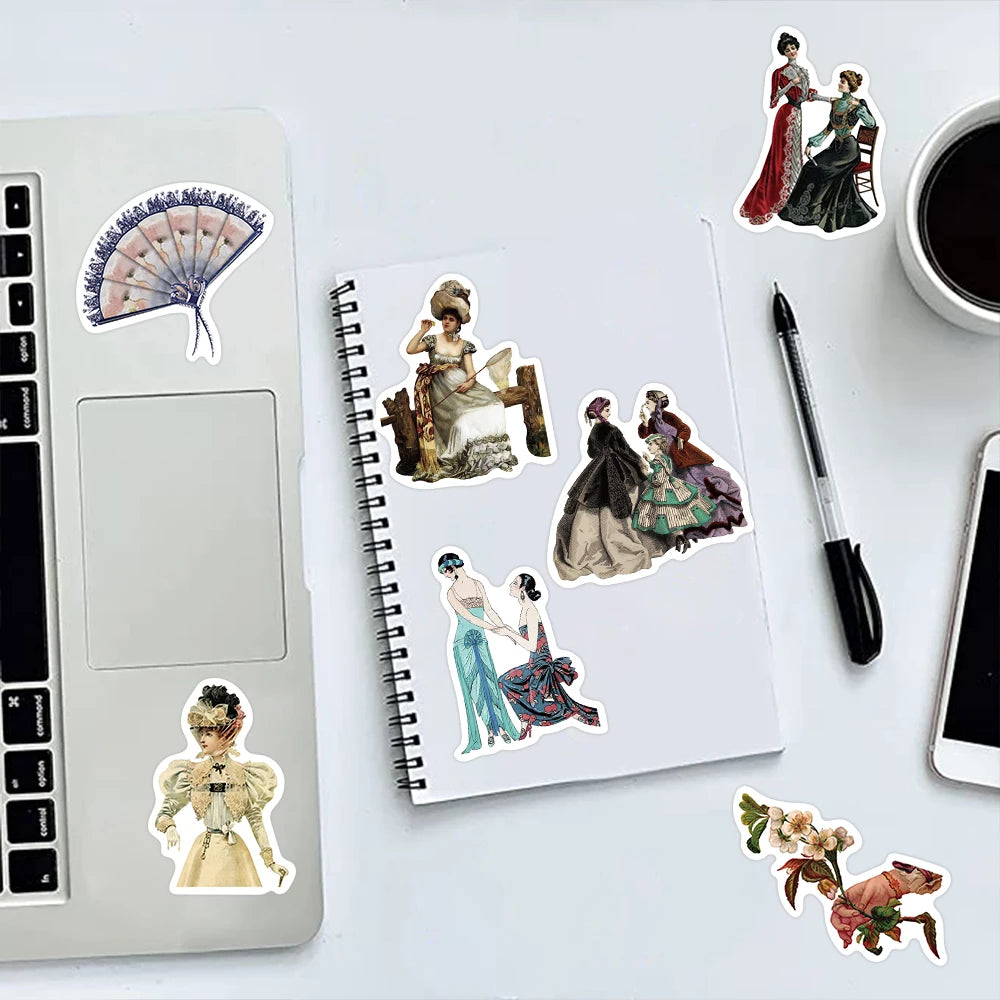 52Pcs Cartoon Retro Victorian Art Series Stickers PVC Waterproof Sticker Decals For Scrapbook Laptop Bottle Toys Gift