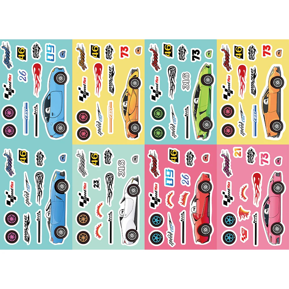 8/16Sheets Modified Racing Car Puzzle Stickers Game Make a Face Assemble Jigsaw Kid Education Toy Craft Sticker Kid Party Gift