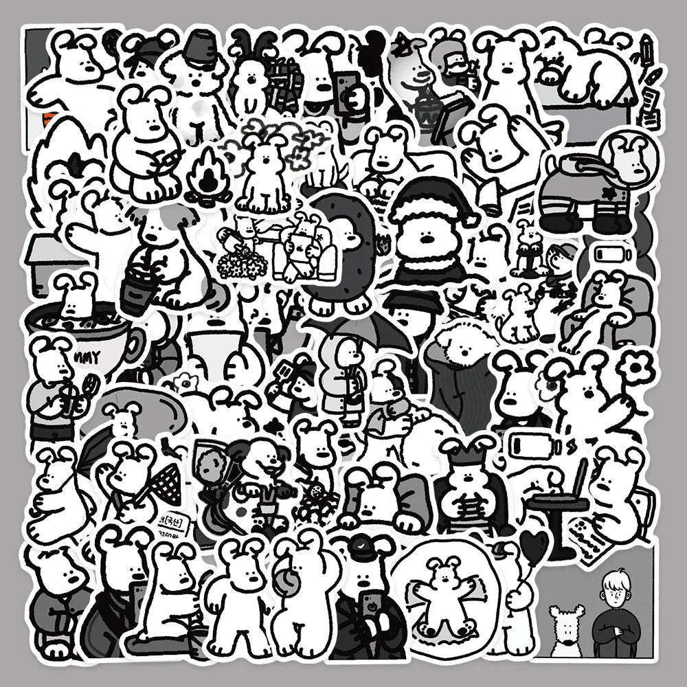 62pcs Black & White Dog Graffiti Stickers for Helmet, Wall, DIY Decor