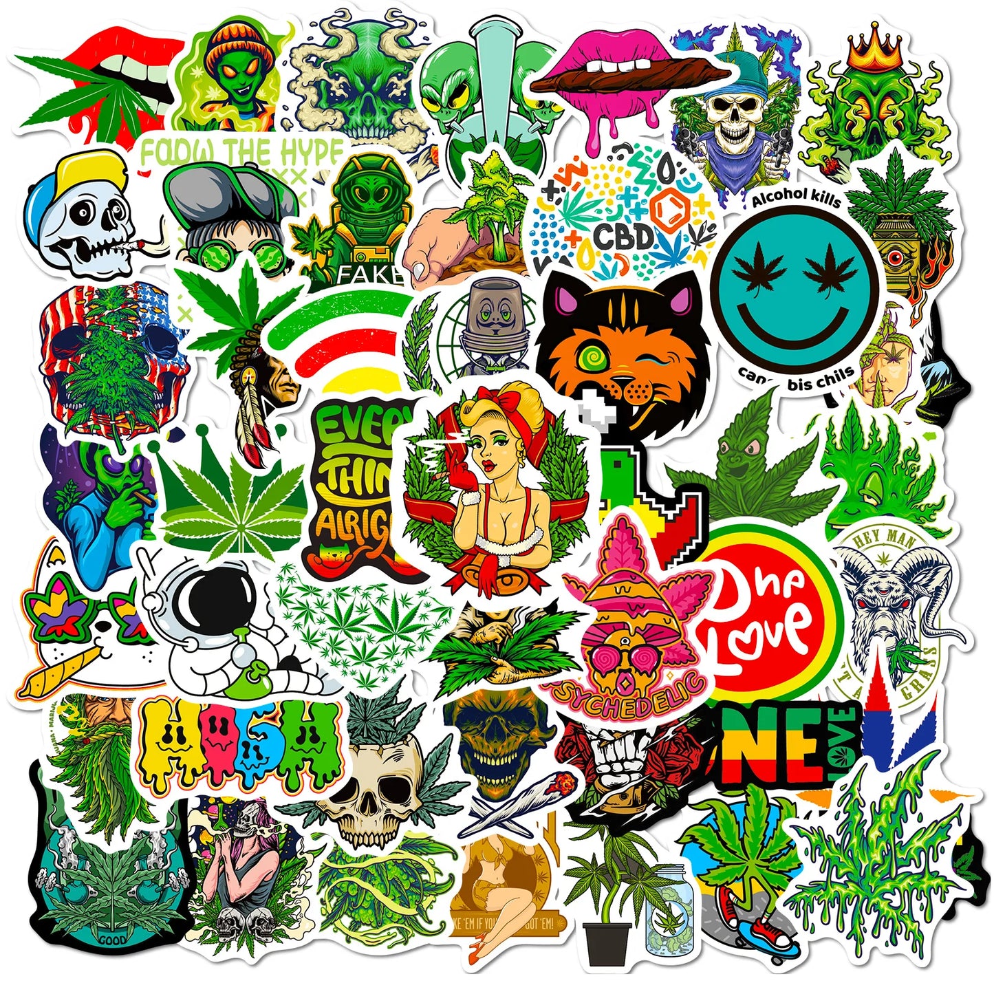 Weed Graffiti Stickers 10/25/50pcs Vinyl Waterproof for Motorcycle, Skateboard, Helmet, Luggage, Phone