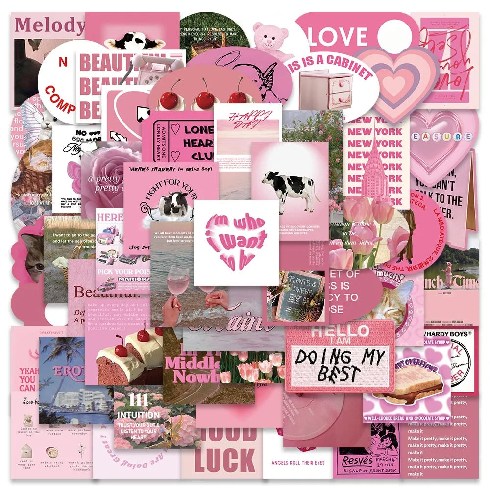 56PCS Cute Pink Aesthetic Stickers for Diary, Fridge, Notebook, Phone, Waterproof Bottle