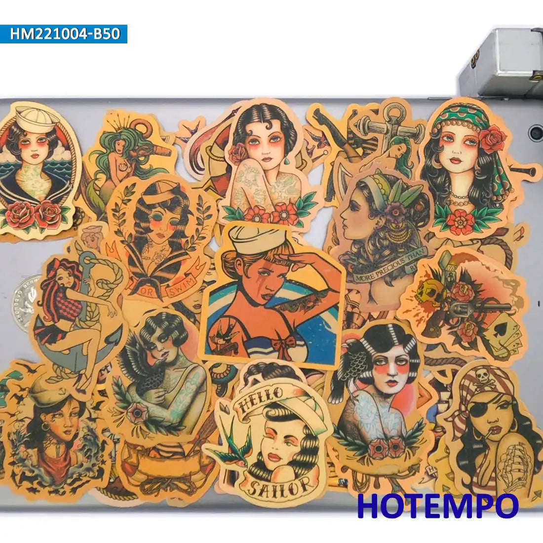 50Pieces Yellowing Retro Decals Old School Tattoo Girl Sailor Funny Stickers for Bike Car Motorcycle Guitar Phone Laptop Sticker