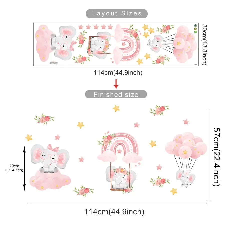 Pink Elephant Balloon Wall Stickers for Nursery or Girls Room