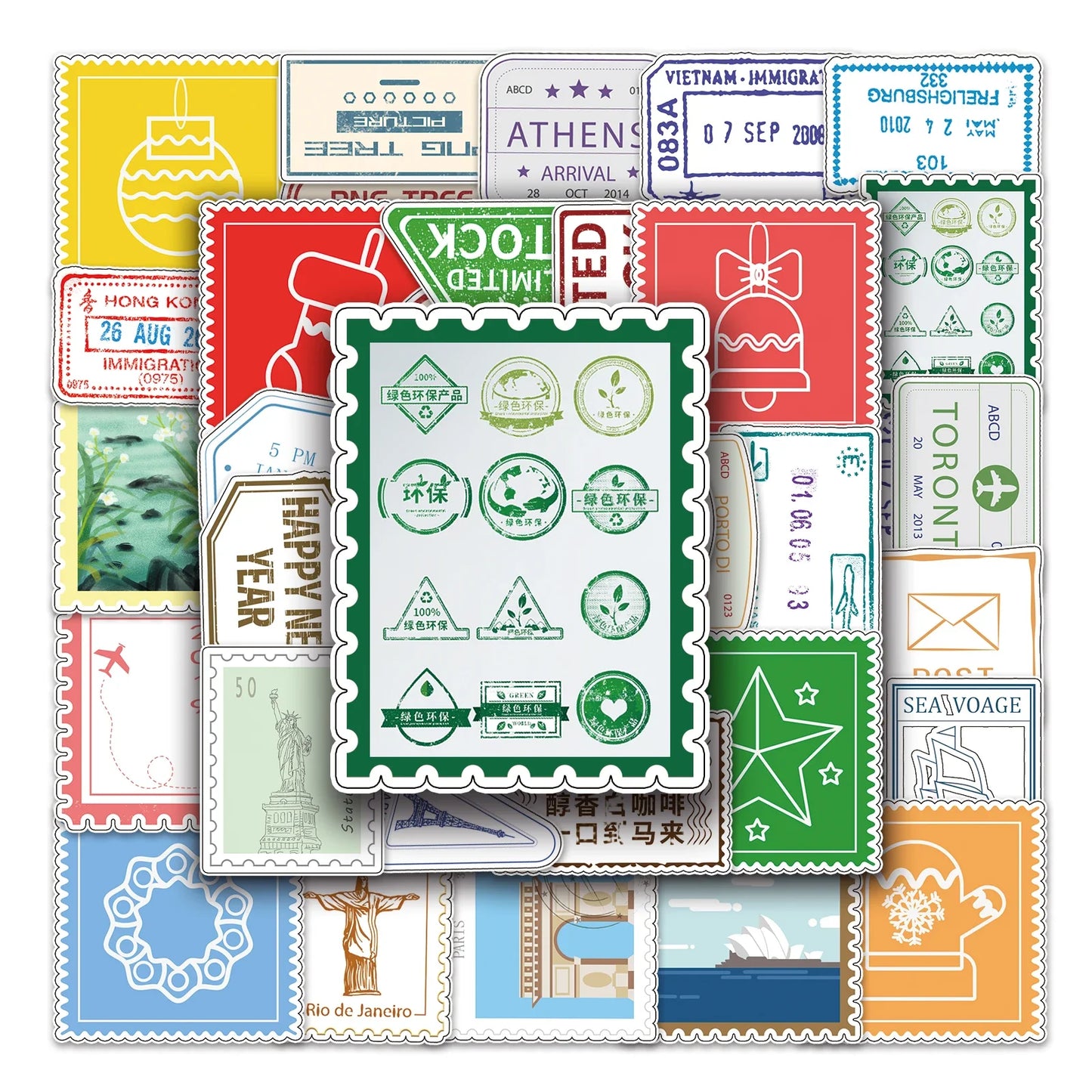 57Pcs Retro Postmark Cartoon Waterproof Vinyl Stickers for Skateboard Snowboard