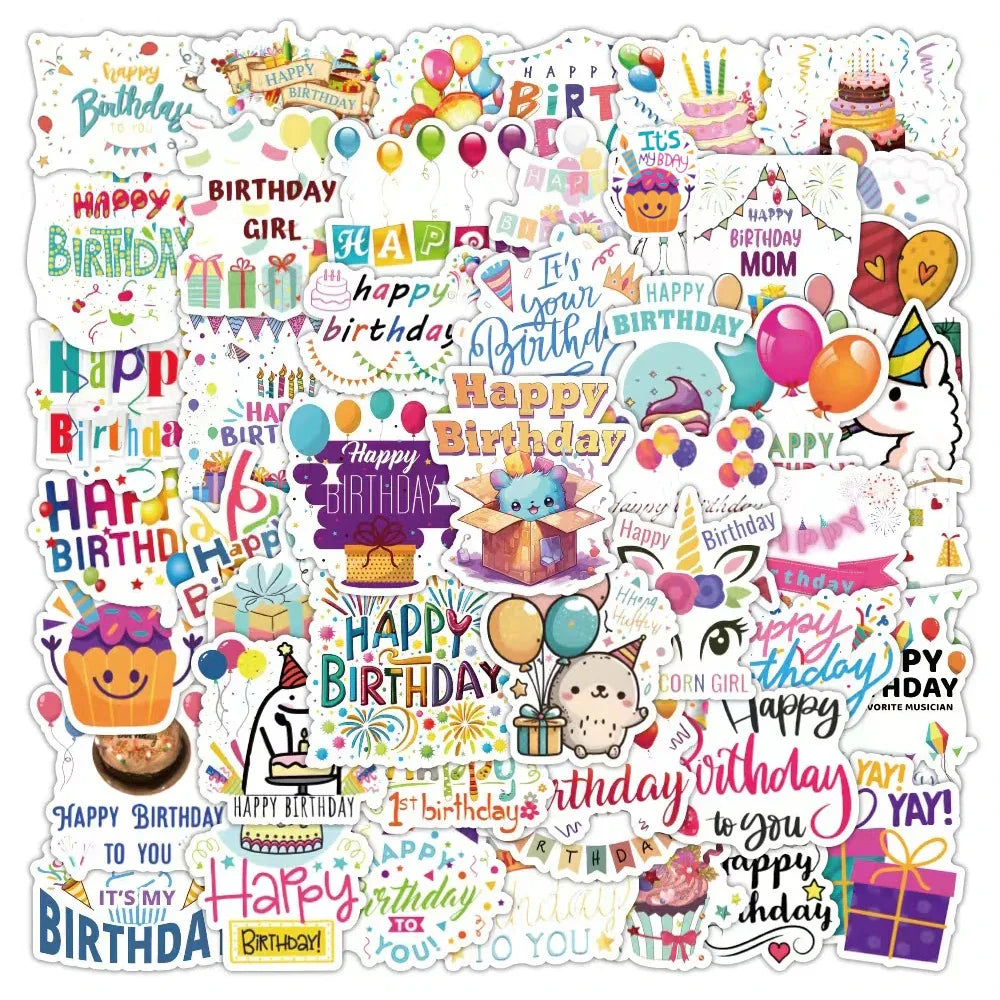 Cartoon Happy Birthday Stickers for Laptop Phone Car Suitcase Kid Toy - 10/30/50pcs