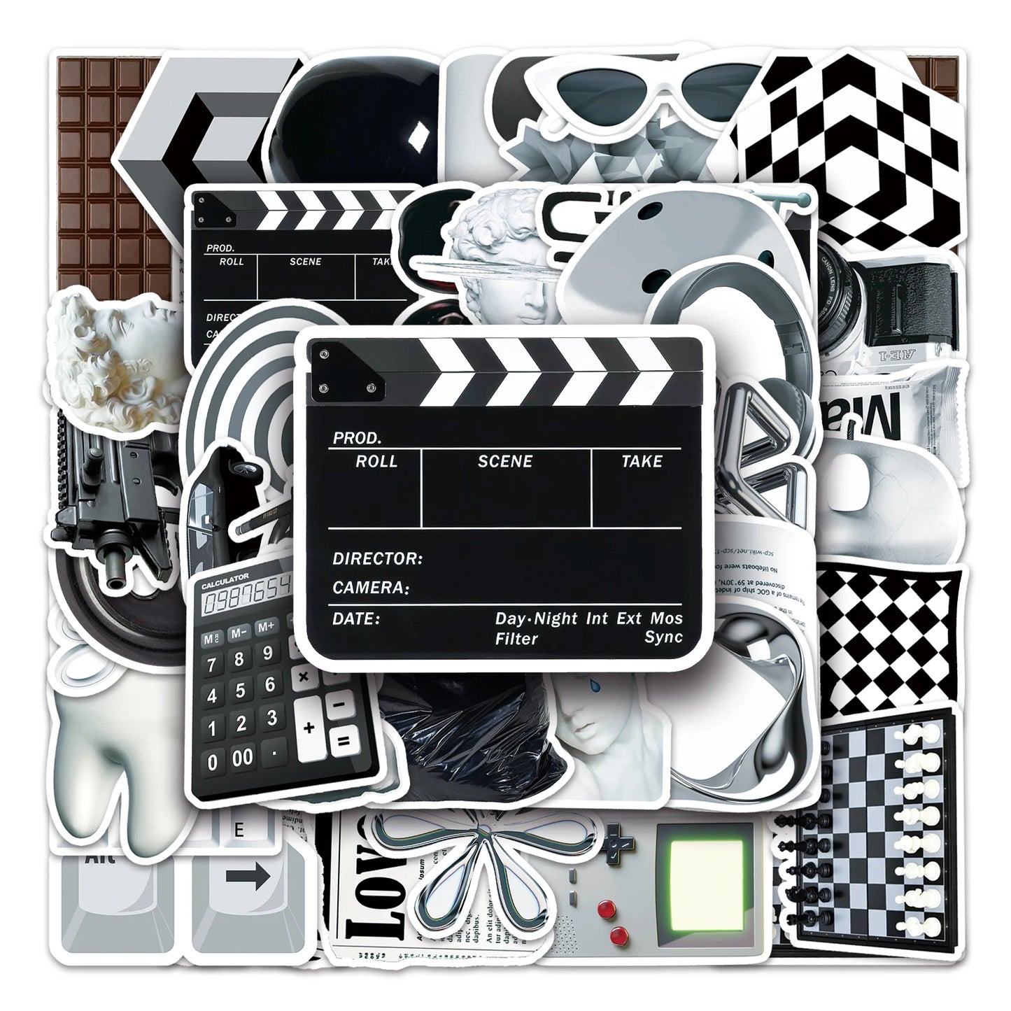 50Pcs Black & White Cartoon Waterproof Vinyl Stickers for Skateboard Snowboard