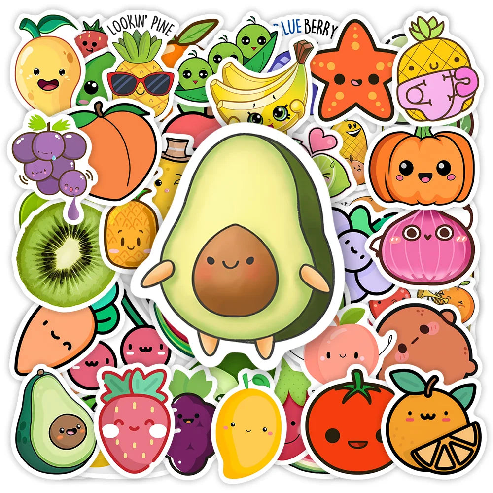 Kawaii Cute Cartoon Fruits and Vegetables Stickers DIY Toy Gift Decorative Decal for Phone Luggage Laptop Scrapbook Waterproof