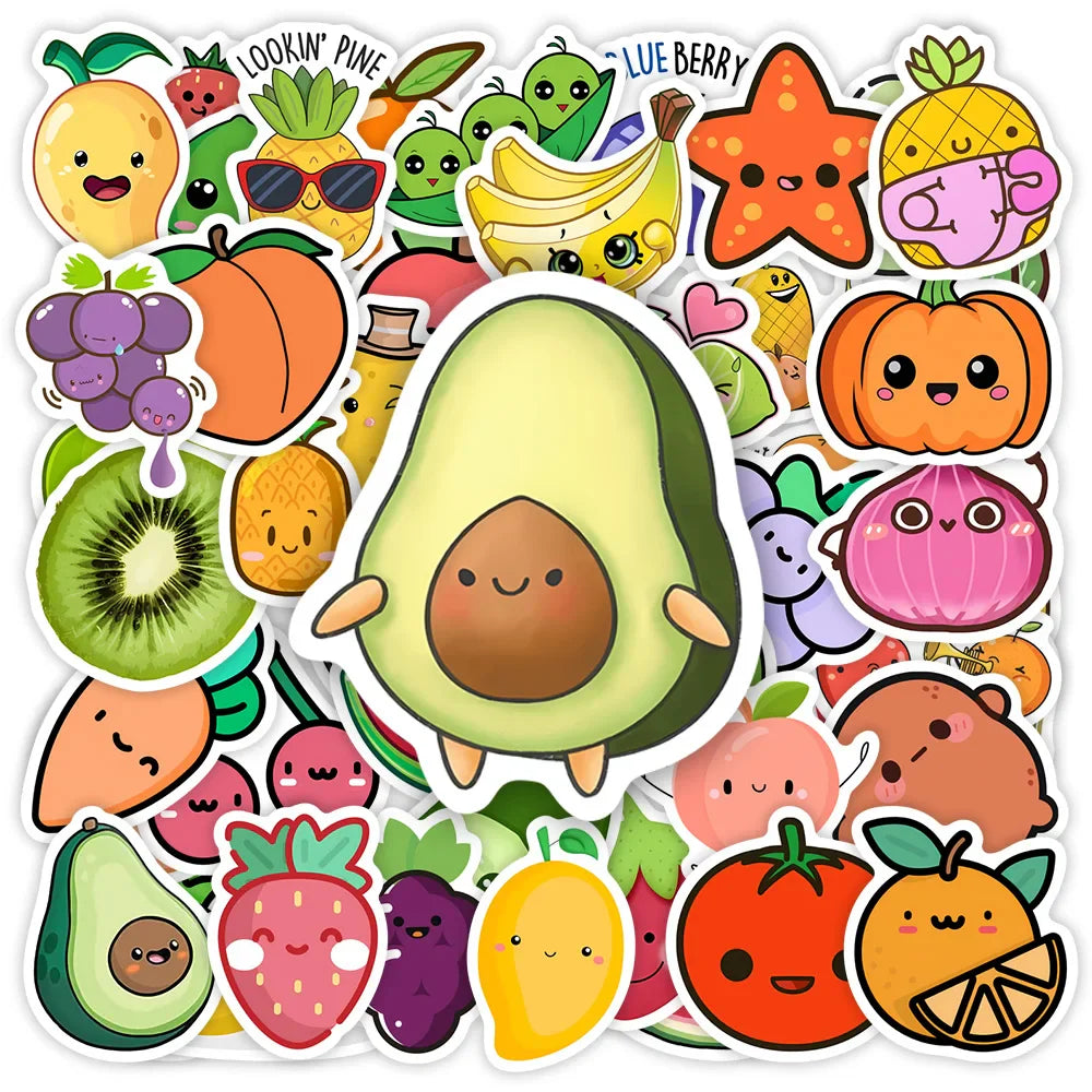 Kawaii Cute Cartoon Fruits and Vegetables Stickers DIY Toy Gift Decorative Decal for Phone Luggage Laptop Scrapbook Waterproof