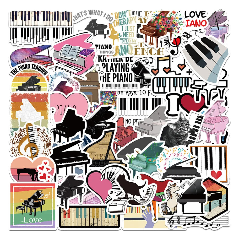 50pcs Cartoon Piano Music Graffiti Stickers for Helmet, Desktop, Wall Decoration, DIY