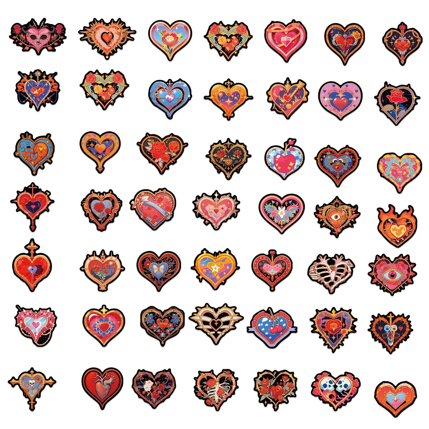 50pcs Retro Fancy Flower Skull Heart Stickers For Luggage Laptop Phone Water Bottle Vinyl Cartoon Waterproof Graffiti Decals